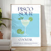 Affiche captivante thème cocktail Pisco Sour nuances vert bleu cadeau salutations évasion disponibles A4 cm A0