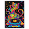 space psychedelic groovy cat DJ poster vibrant wall art black orange design perfect touch retro fun print gift music lovers enthusiasts A4