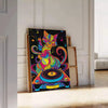 space psychedelic groovy cat DJ poster vibrant wall art black orange design perfect touch retro fun print gift music lovers enthusiasts A4