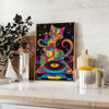 space psychedelic groovy cat DJ poster vibrant wall art black orange design perfect touch retro fun print gift music lovers enthusiasts A4