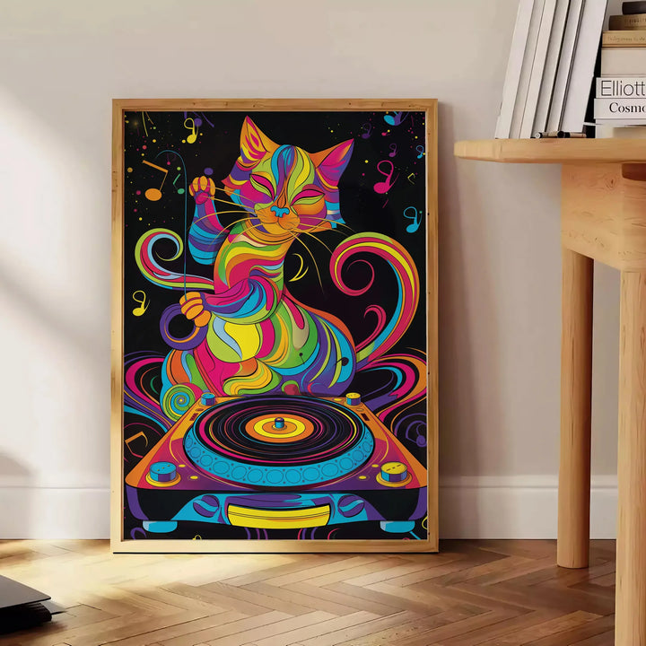 Psychedelic Groovy Cat Dj Poster Travel Poster High Quality Frame Premium Print Home Decor Color