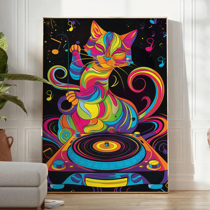 Psychedelic Groovy Cat Dj Poster Travel Poster High Quality Frame Premium Print Home Decor Color