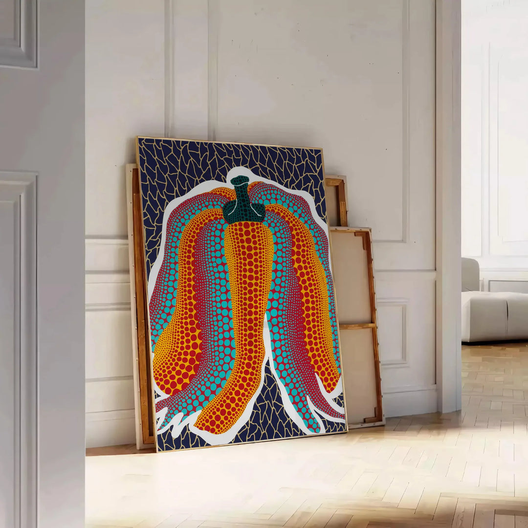 affiche envoûtante art citrouilles Yayoi Kusama nuances vertes bleues cadeau idéal amateurs contemporain disponibles A4 cm A0