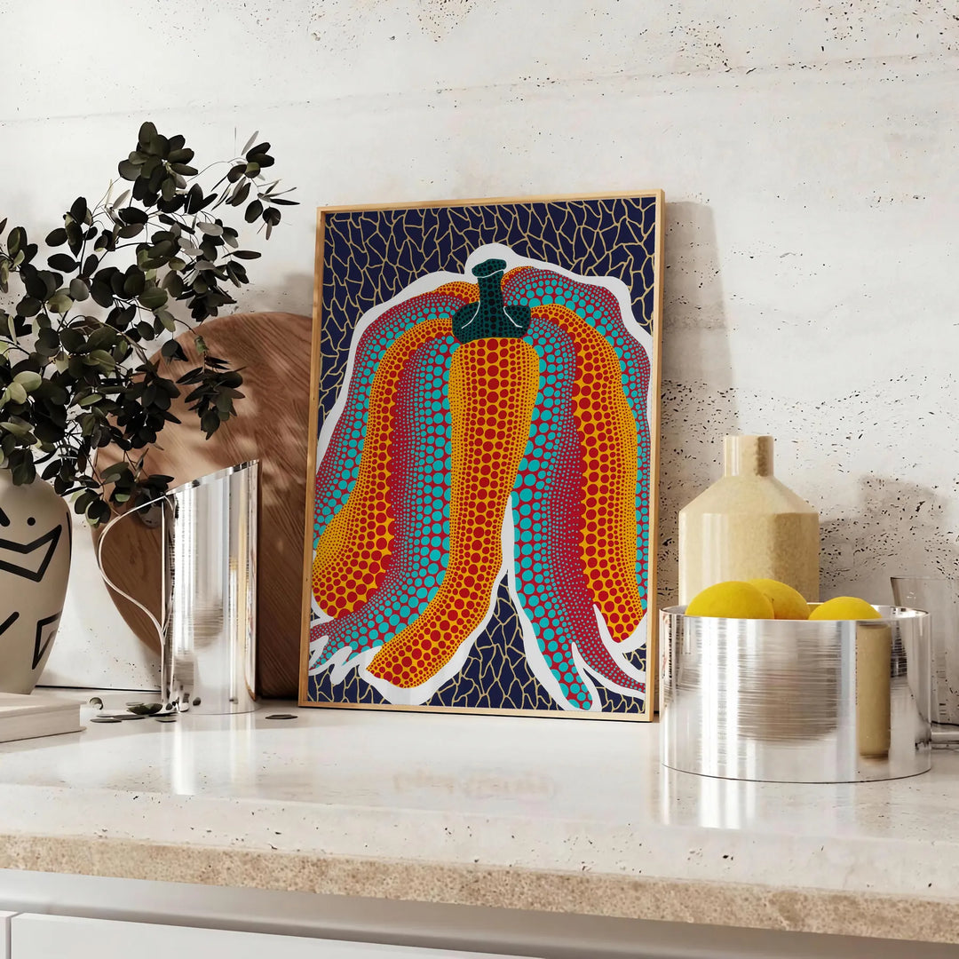 affiche envoûtante art citrouilles Yayoi Kusama nuances vertes bleues cadeau idéal amateurs contemporain disponibles A4 cm A0