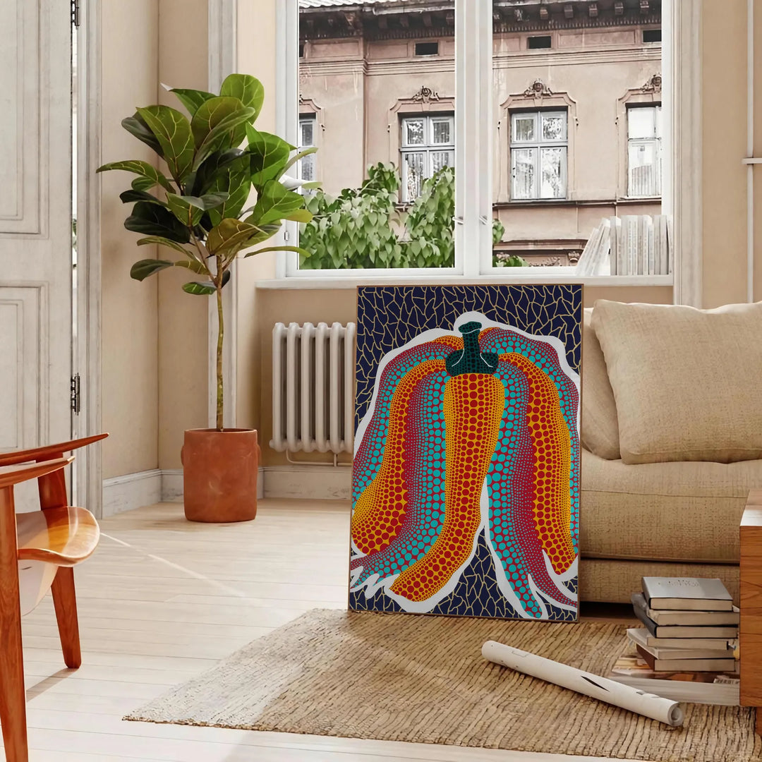 affiche envoûtante art citrouilles Yayoi Kusama nuances vertes bleues cadeau idéal amateurs contemporain disponibles A4 cm A0