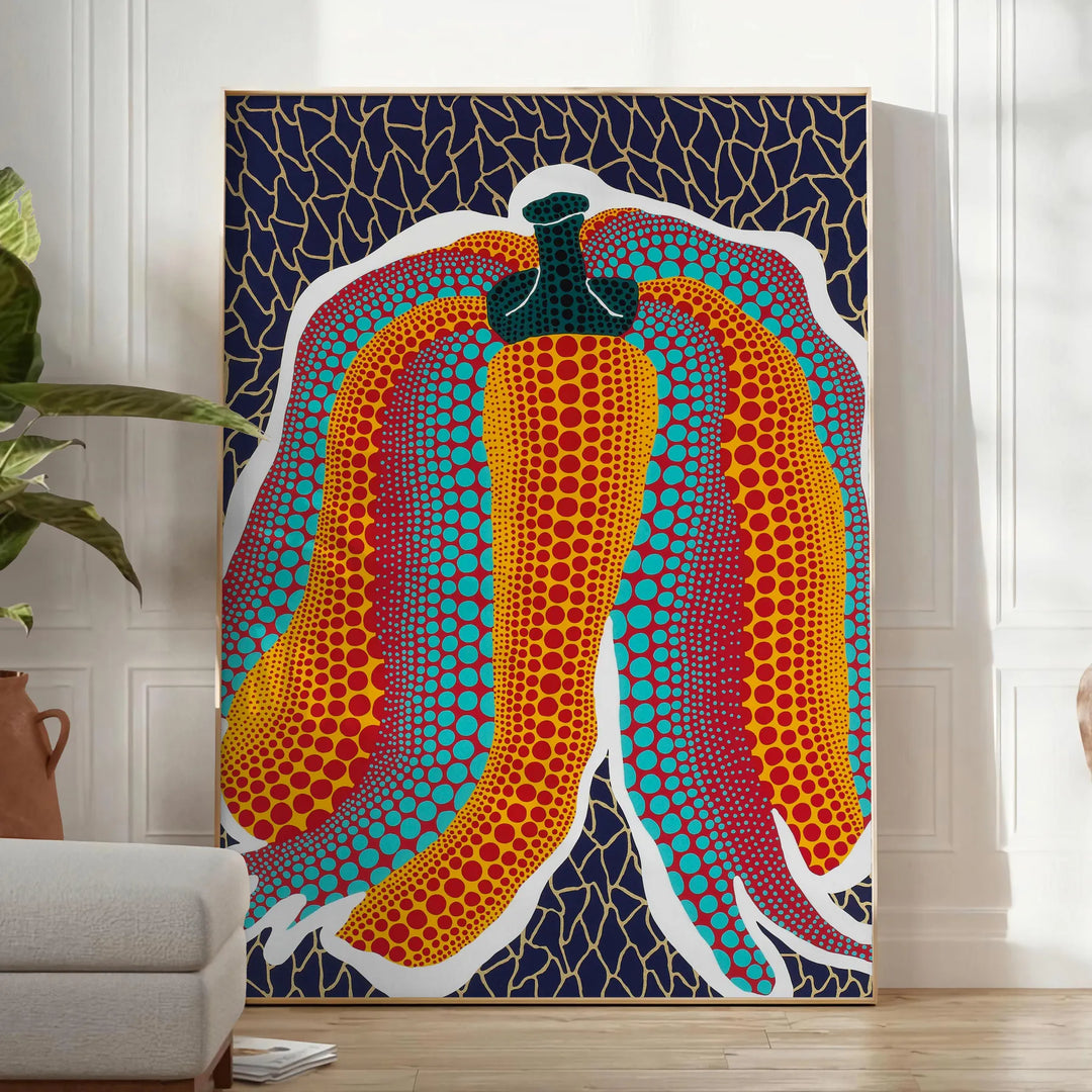 affiche envoûtante art citrouilles Yayoi Kusama nuances vertes bleues cadeau idéal amateurs contemporain disponibles A4 cm A0