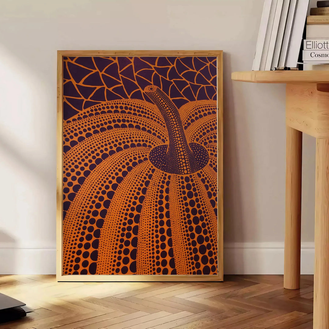 Plakat z dynią inspirowany Yayoi Kusama, w bogatych brązowych i zielonych odcieniach, idealny do dekoracji wnętrz