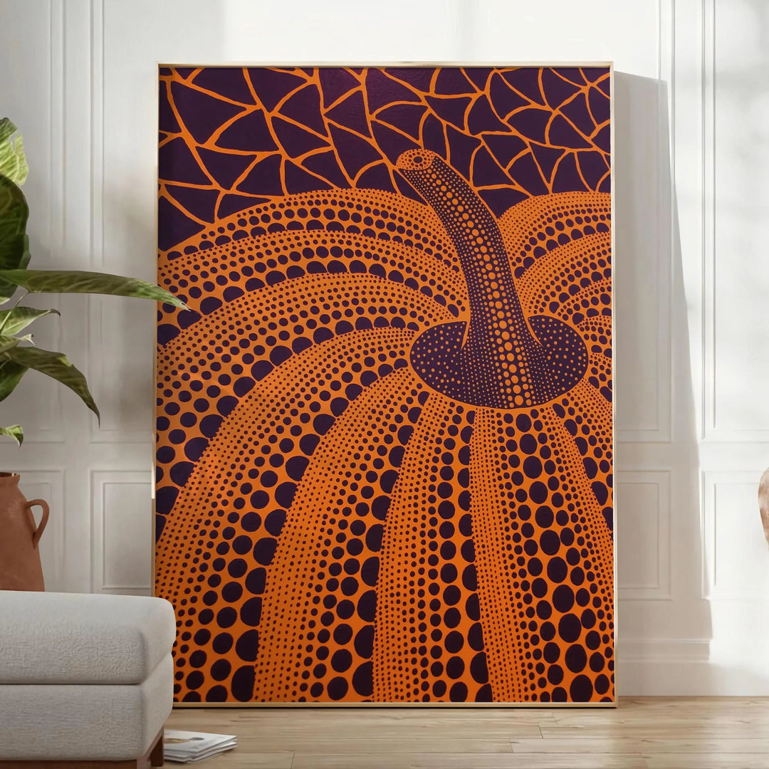Plakat z dynią inspirowany Yayoi Kusama, w bogatych brązowych i zielonych odcieniach, idealny do dekoracji wnętrz