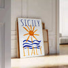 charm Sicily Italy vintage poster vibrant blue orange hues wall art thoughtful gift captivating print touch Mediterranean elegance space sizes A4 cm A0