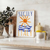 charm Sicily Italy vintage poster vibrant blue orange hues wall art thoughtful gift captivating print touch Mediterranean elegance space sizes A4 cm A0