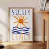 charm Sicily Italy vintage poster vibrant blue orange hues wall art thoughtful gift captivating print touch Mediterranean elegance space sizes A4 cm A0
