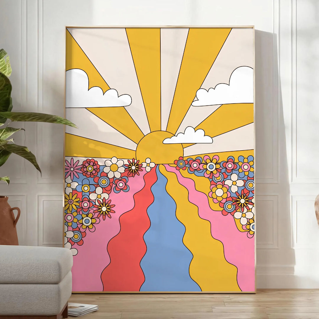 Sun Flower Groovy Poster Travel Poster High Quality Frame Premium Print Home Decor Color