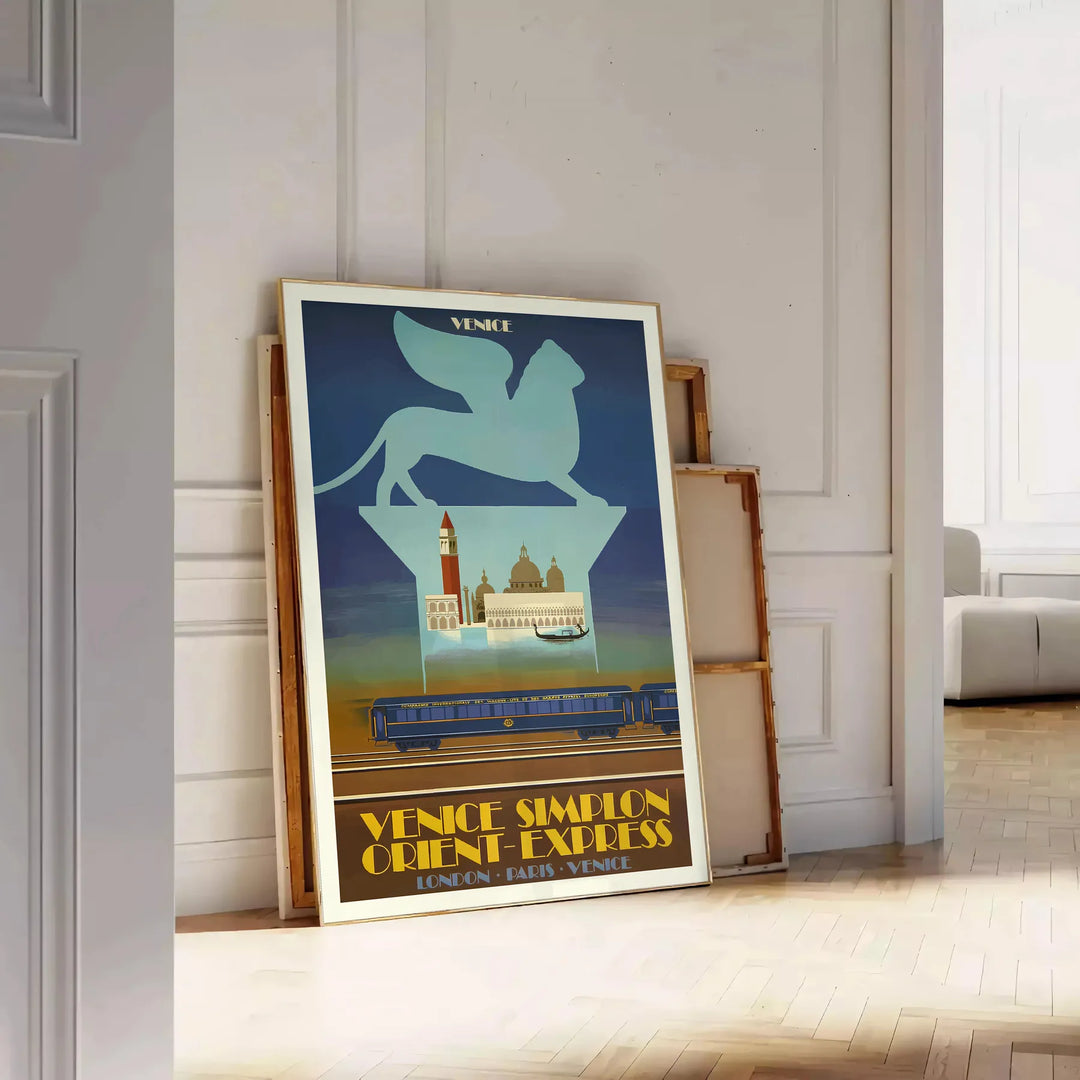 romance vintage travel stunning Venice Simplon poster vibrant orange green hues perfect wall art space unique gift artwork available sizes A4 cm A0