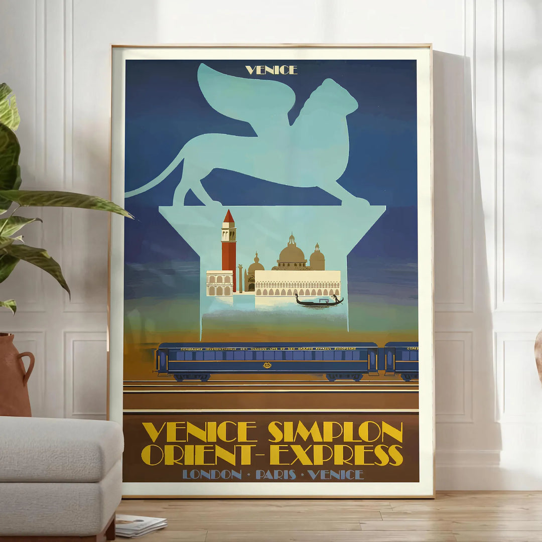 romance vintage travel stunning Venice Simplon poster vibrant orange green hues perfect wall art space unique gift artwork available sizes A4 cm A0