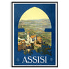 charming streets Assisi Italy stunning vintage travel poster lush green blue hues print perfect wall art gift touch Italian elegance space sizes A4 cm