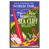 allure coastal charm Sea Cliff Vintage Travel Poster vibrant green orange hues perfect wall art space captivating artwork thoughtful gift lovers unframed formats versatile display