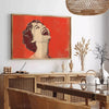 space vintage British woman poster elegant green orange hues stunning wall art charm sophistication ideal gift print artwork room sizes A4 cm A0