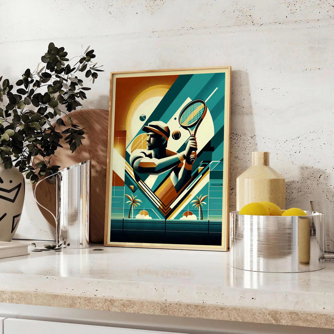 Retro Vintage tennis print celebrating iconic Grand Slam tournaments worldwide elegant living room interior framed print