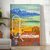 charm Queenstown vintage rail poster lush greens serene blues wall art essence timeless travel unique gift standout piece artwork space sizes A4 cm A0
