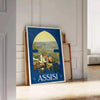 charming streets Assisi Italy stunning vintage travel poster lush green blue hues print perfect wall art gift touch Italian elegance space sizes A4 cm