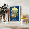 charming streets Assisi Italy stunning vintage travel poster lush green blue hues print perfect wall art gift touch Italian elegance space sizes A4 cm