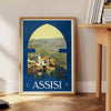 charming streets Assisi Italy stunning vintage travel poster lush green blue hues print perfect wall art gift touch Italian elegance space sizes A4 cm
