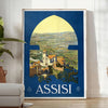 charming streets Assisi Italy stunning vintage travel poster lush green blue hues print perfect wall art gift touch Italian elegance space sizes A4 cm