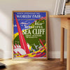 allure coastal charm Sea Cliff Vintage Travel Poster vibrant green orange hues perfect wall art space captivating artwork thoughtful gift lovers unframed formats versatile display
