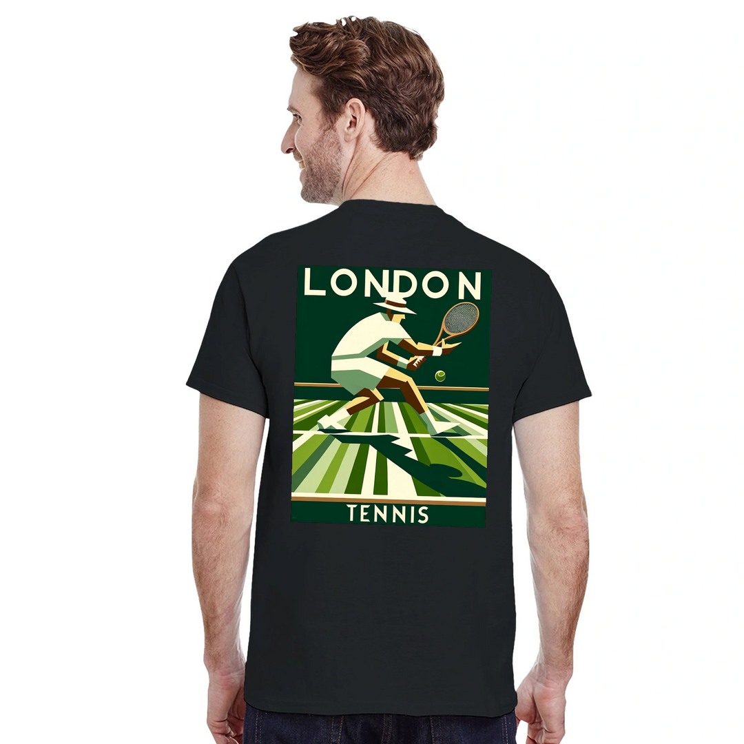 Koszulka tenisowa London z unikalnym wzorem, idealna dla fanów tenisa. Dostępna w rozmiarach S, M, L, XL, XXL