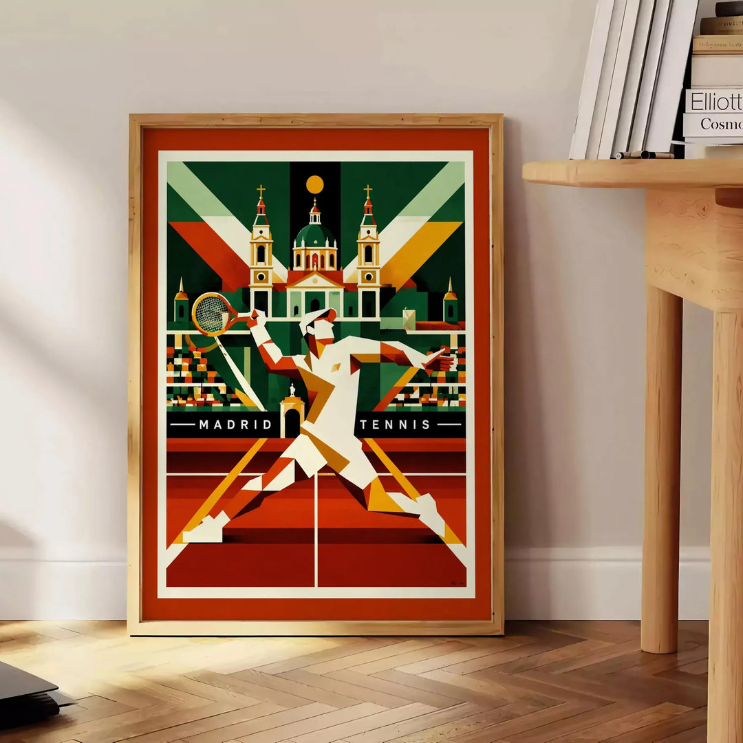 Färgglad Madrid Tennis poster med röd och orange nyanser, perfekt för tennisälskare. Finns i storlekarna 50x70 och 30x40, kan