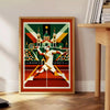 Färgglad Madrid Tennis poster med röd och orange nyanser, perfekt för tennisälskare. Finns i storlekarna 50x70 och 30x40, kan