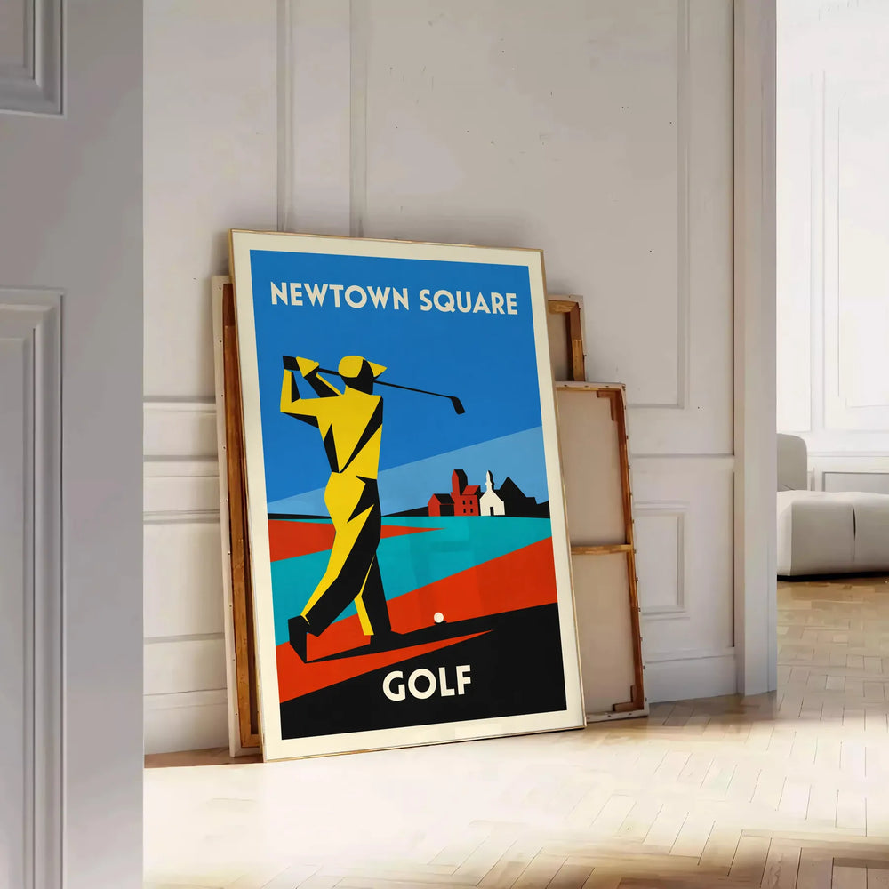 Vintage-style poster depicting a golf scene in Newtown Square, United States, with green and blue tones