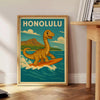 Affiche captivante thème Kid Dinosaur Honolulu Surf chambre enfant teintes vives vert jaune œuvre ludique dimensions cm une touche fun espace tailles A4 A0