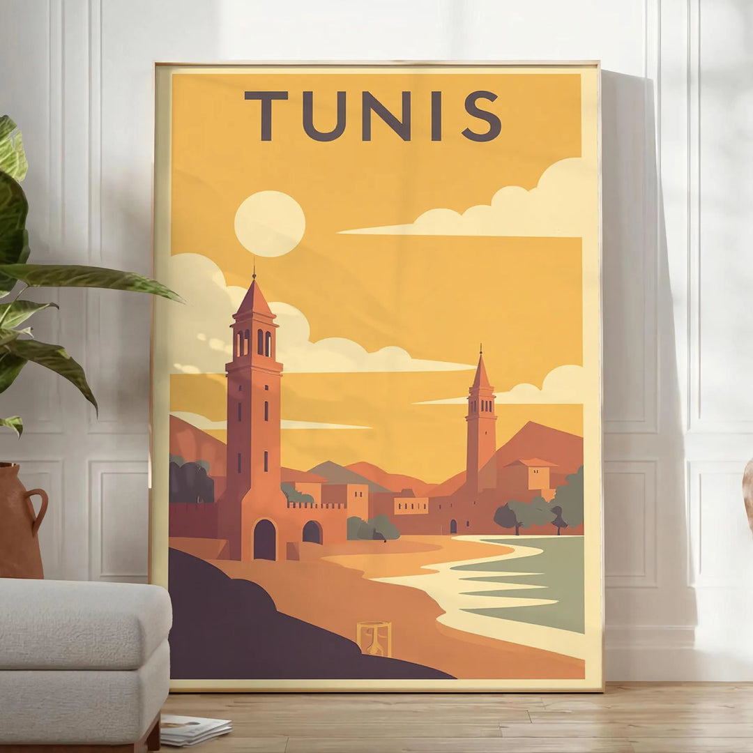 Vintage ταξιδιωτική αφίσα Τύνιδα, Τυνησία σε στυλ Art Deco με ζωντανά κίτρινα και πορτοκαλί χρώματα, ιδανική για λάτρεις των