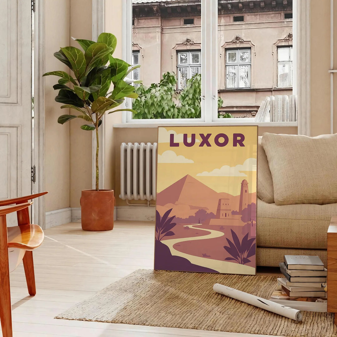 Poster Art Déco di Luxor Egitto grigio e marrone con tempio stilizzato