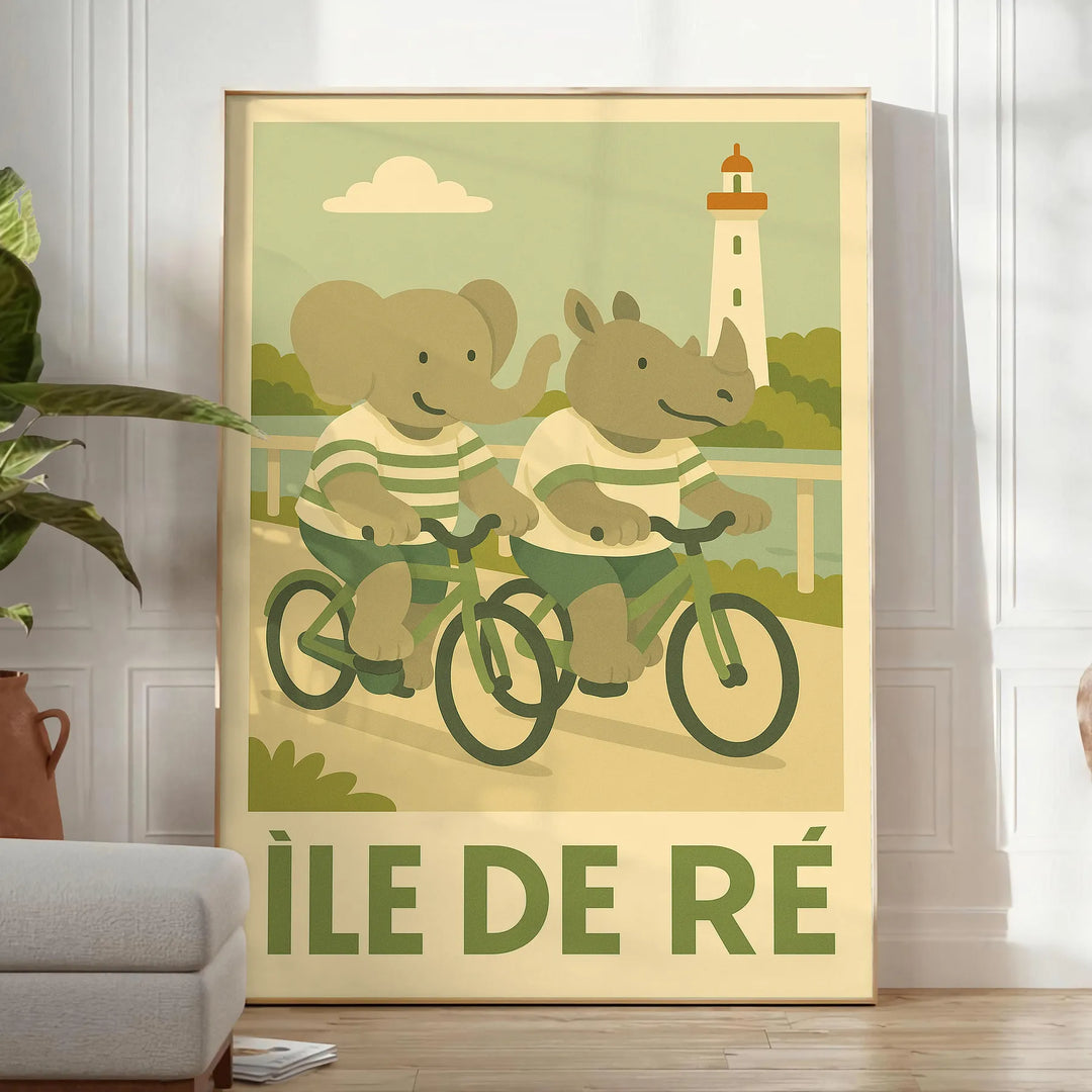 charming kid elephant rhinoceros cycling vibrant landscapes Île de Ré delightful poster soft gray green hues piece space joy walls available