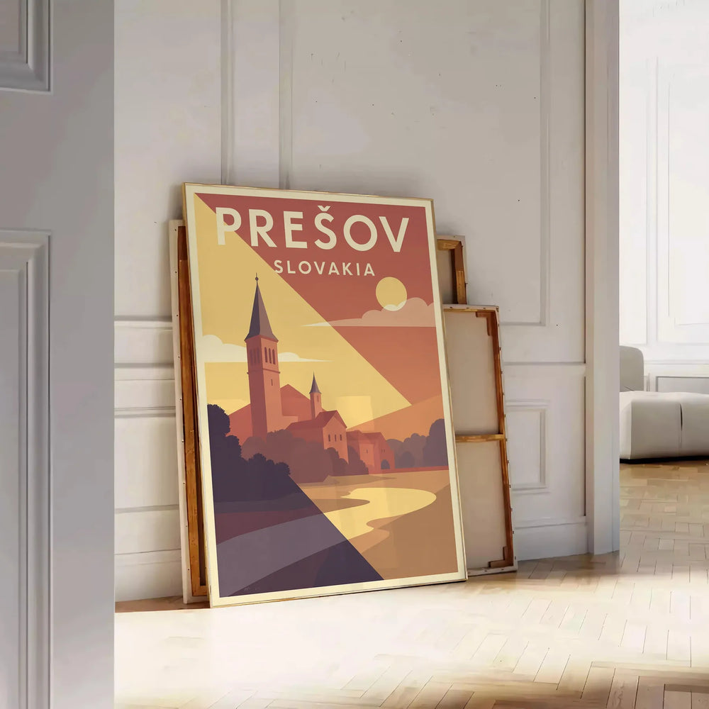 space stunning vintage travel poster Prešov Slovakia charming Art Deco style elegant gray brown tones nostalgia sophistication unique piece decor available A4 cm A0