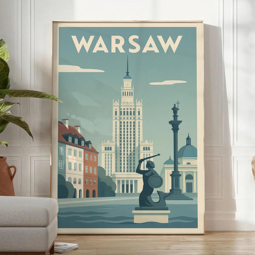 Green and gray stylized Warsaw skyline poster in modern minimalist style