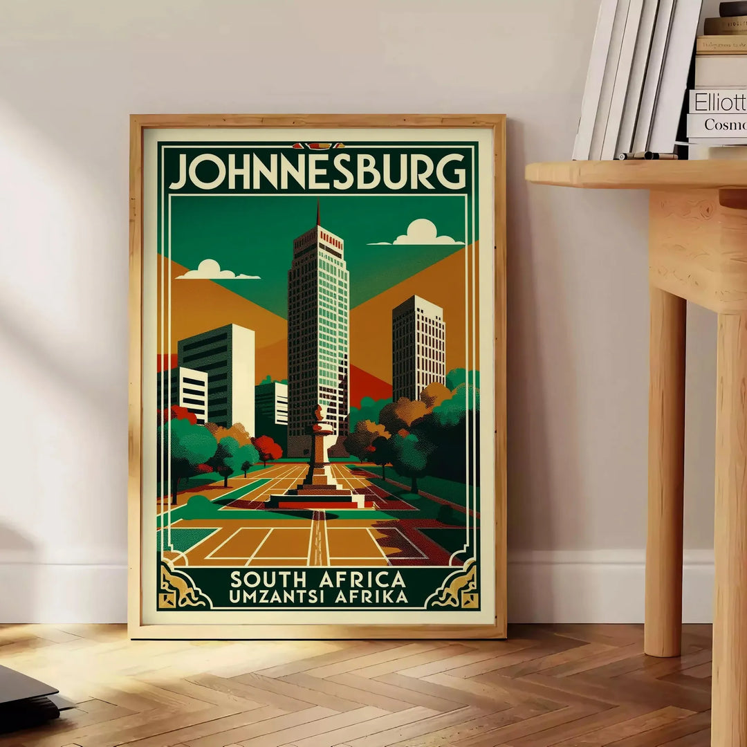 charm Johannesburg vintage travel poster stunning Art Deco designs sophisticated gray brown hues decor essence South Africa vibrant history space unframed options perfect look