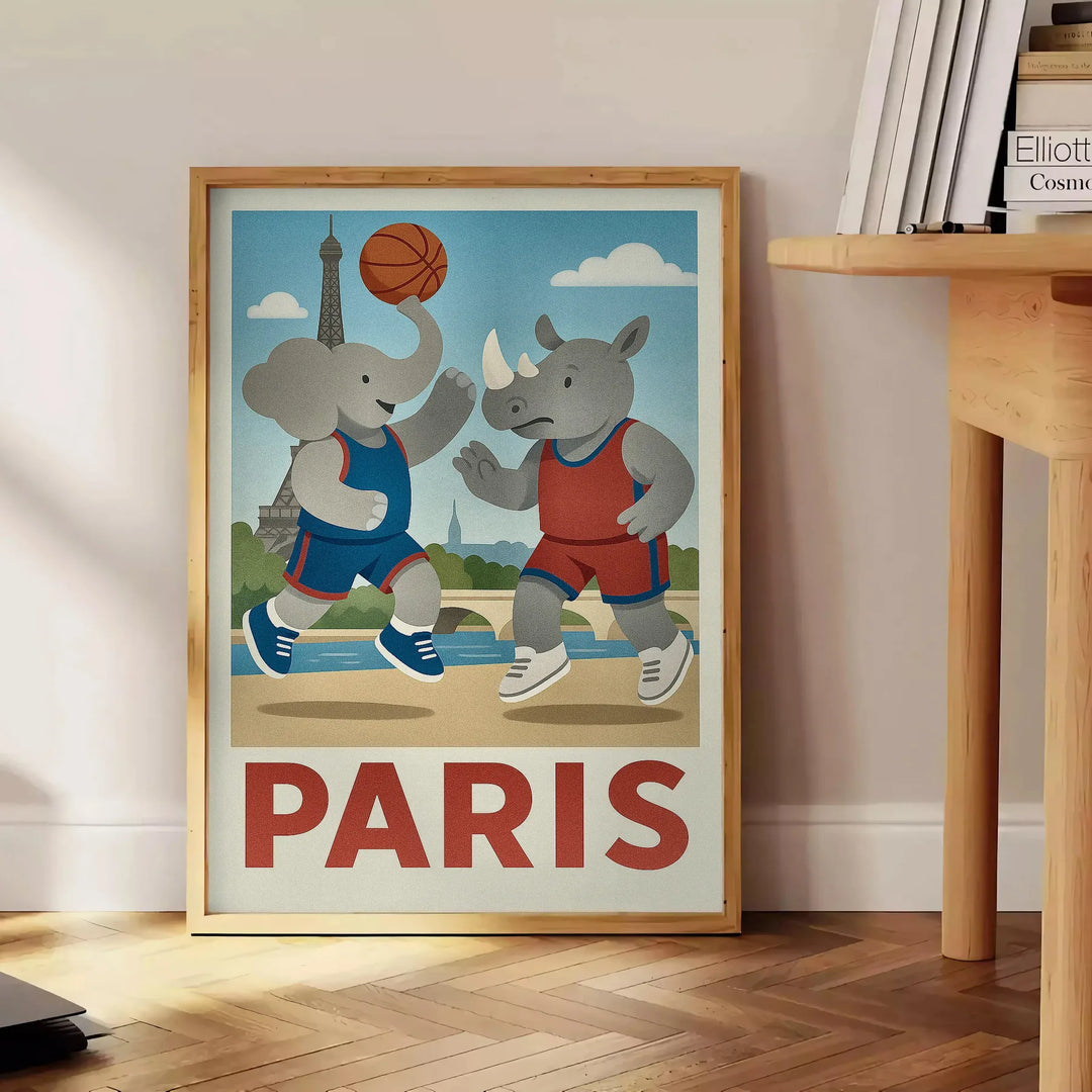 Vintage αφίσα μπάσκετ με έναν παιχνιδιάρη ελέφαντα και ρινόκερο σε παραρισινό περιβάλλον, ιδανική για τη συλλογή σου