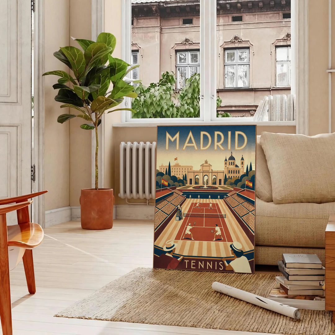 Plakat tenisowy Madrid w intensywnych odcieniach zieleni i czerwieni, dostępny w rozmiarach 50x70 lub 30x40. Idealny dla miło