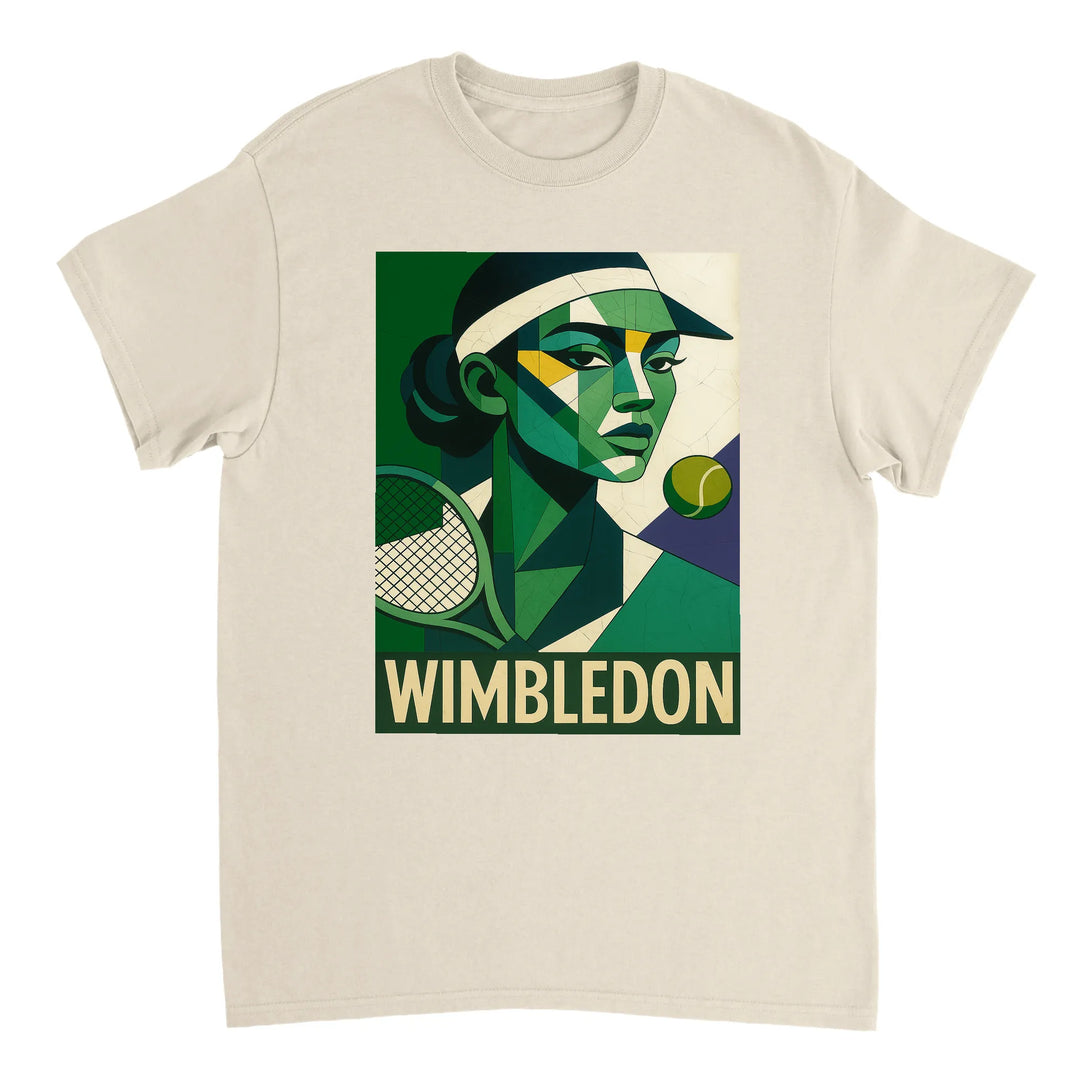 ウィンブルドン・キュビスト・テニスTシャツ。ユニークなキュビズムデザインが特徴で、テニス愛好者にもファッション好きにも最適なアイテム。サイズはS、M、L、XL、XXLがあります。