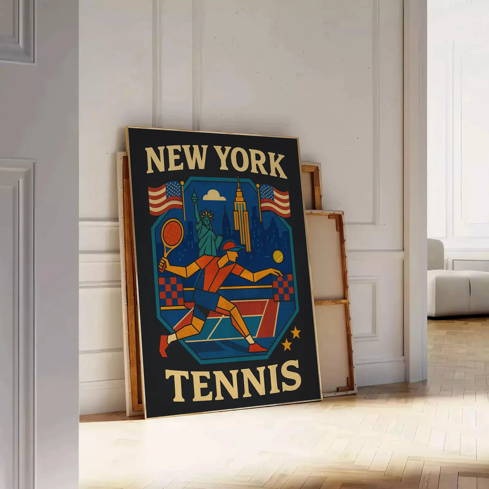 space New York Vintage Cartoon Tennis Poster chic gray blue color palette lovers enthusiasts stylish piece measures touch retro charm walls framed unframed versions stunning