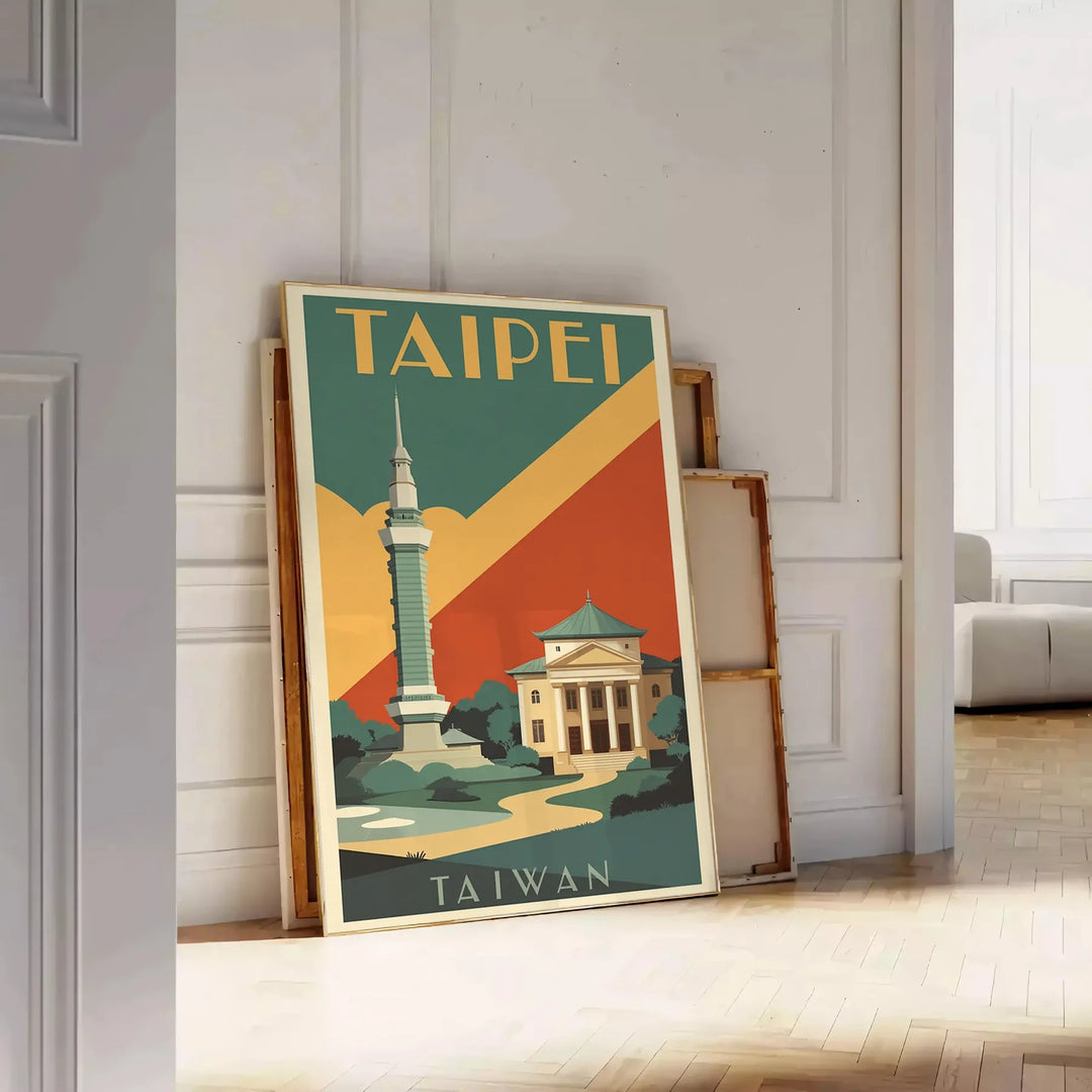 Pôster vintage de viagem a Taipei, Taiwan, em estilo art déco, com cores vibrantes de laranja e verde. Disponível em várias d