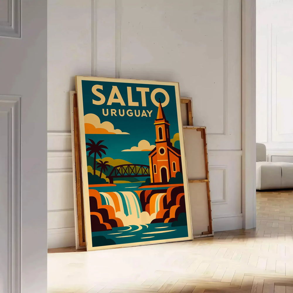 Vintage Art Déco poster showing Salto, Uruguay cityscape in green and yellow