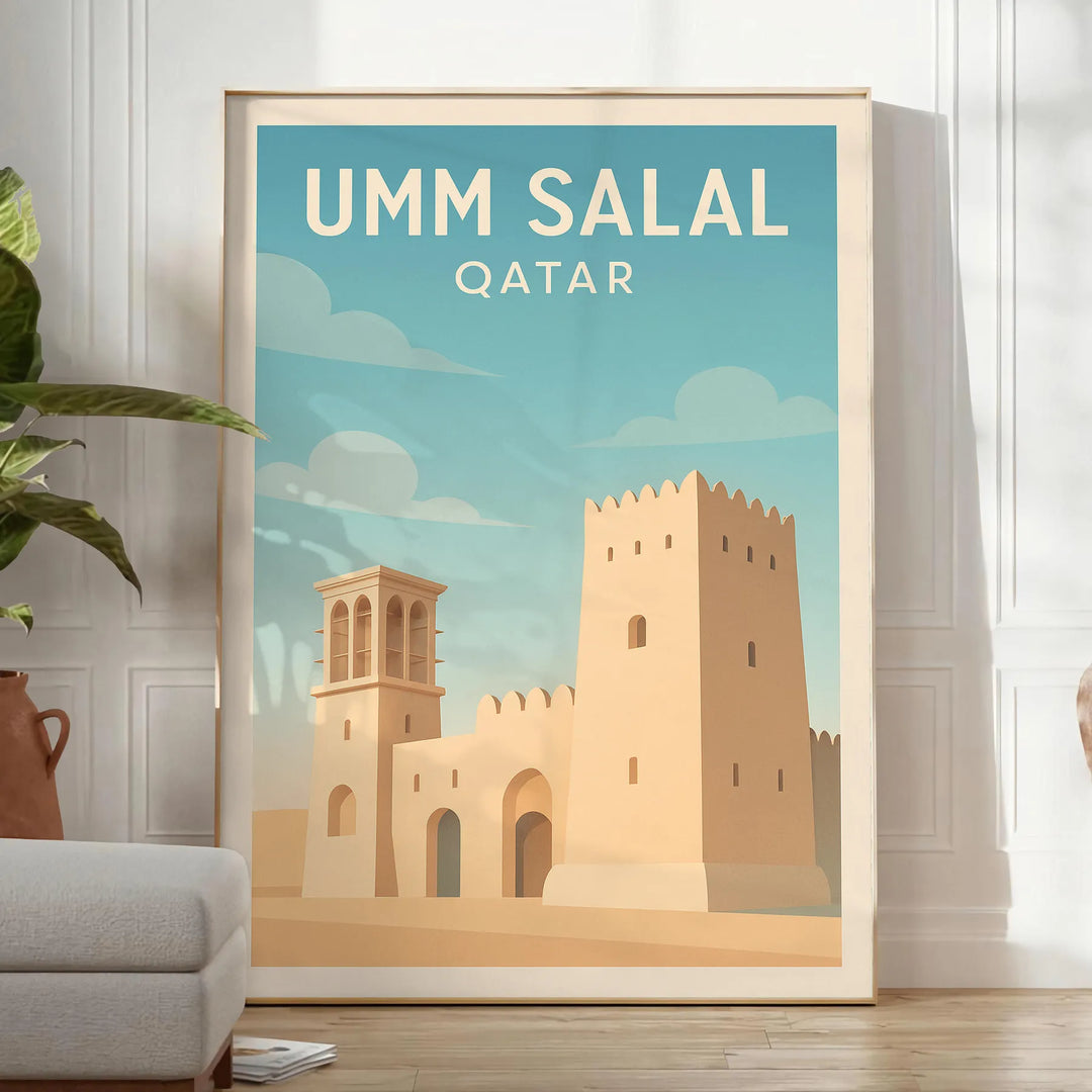 Umm Salal Qatar poster depicting minimalist architectural landscape in brown and gray