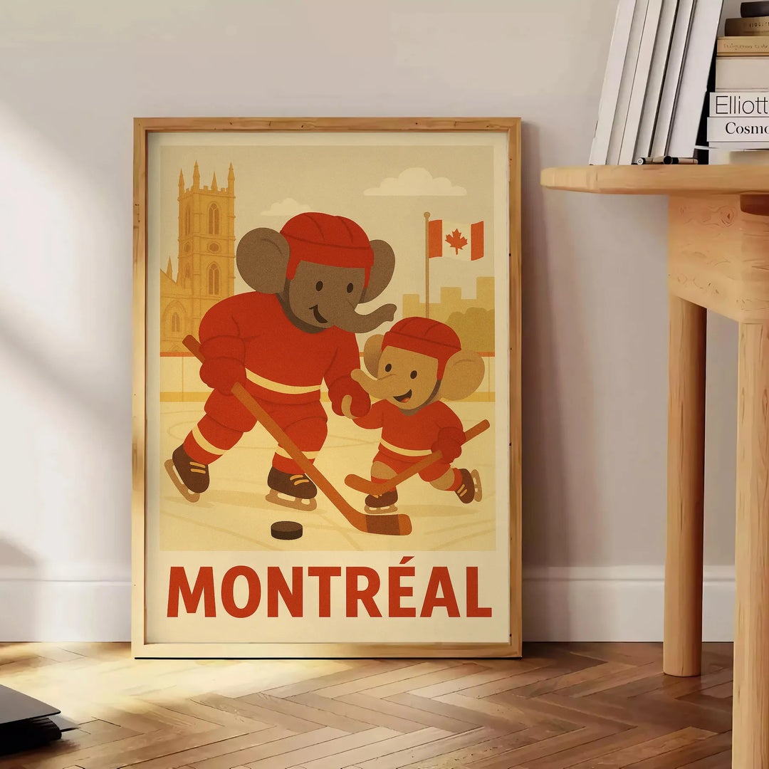 joy hockey space vibrant kid elephant poster Montréal delightful design bold red green eye measures young fans room today available