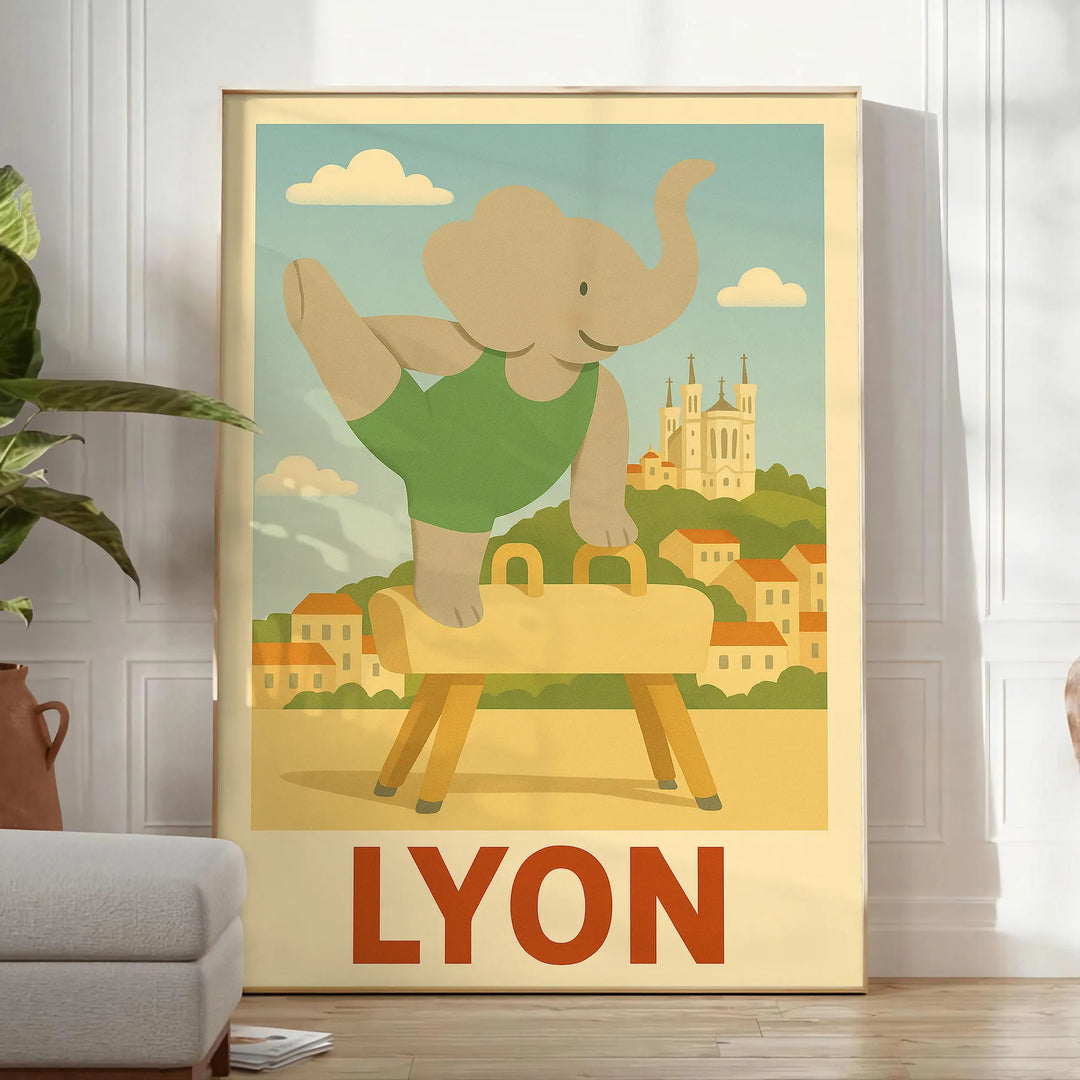 charming Kid Elephant Lyon Gymnastic poster delightful gray green hues child room dimensions whimsical design perfect young gymnasts favorite unframed option today
