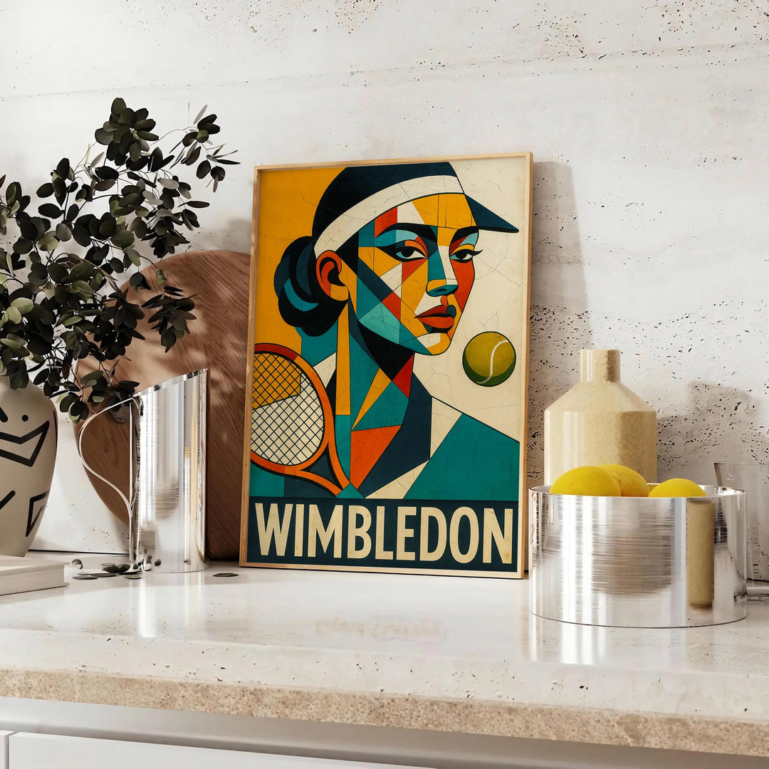 鮮やかな色合いのウィンブルドンキュービストテニスポスター。テニスファン必見のアート作品。フレーム付きまたはフレームなしで購入可能。