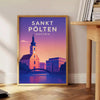 Sankt Pölten Plakat, minimalistisches Stadtbild in Grau und Lila